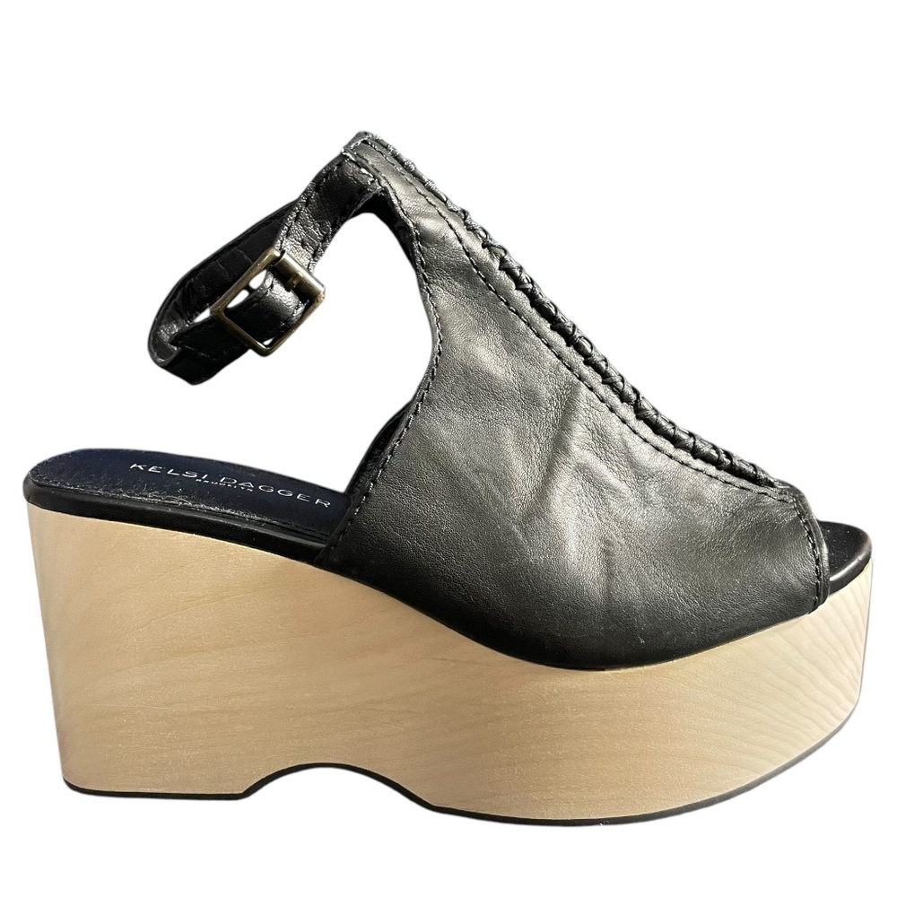 Kelsi Dagger Brooklyn Nova Platform Mules 5.5 black leather peep toe wooden